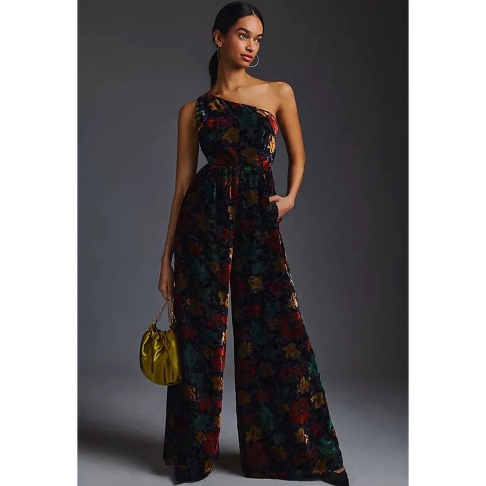 Hutch One-Shoulder Velvet Floral Jumpsuit Women 4 Black New Burnout Wide Leg